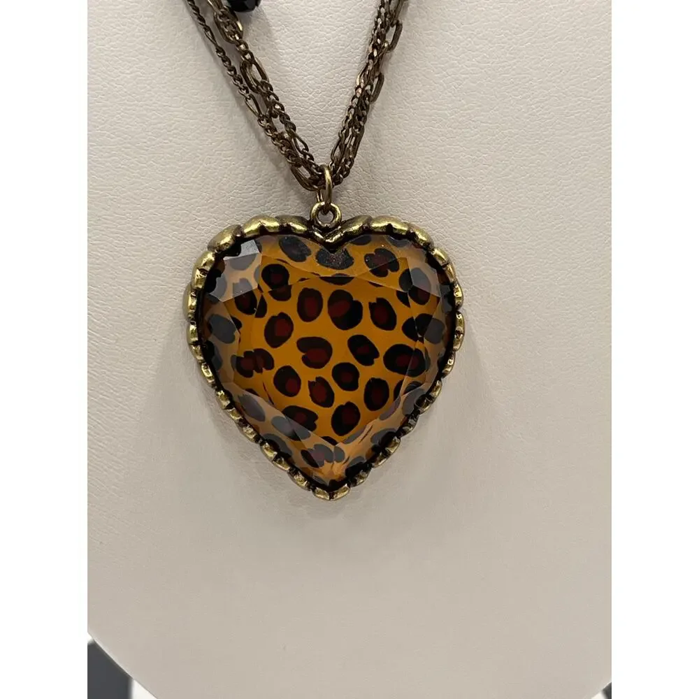 Betsey Johnson Vintage‎ MultiStrand Lucite Faceted Animal Print Heart Necklace